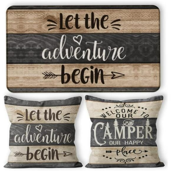 Camper Decor Set Door Mat 30x17 with 2 Pillow Covers 18x18 RV Adventure Begin - Picture 1 of 8